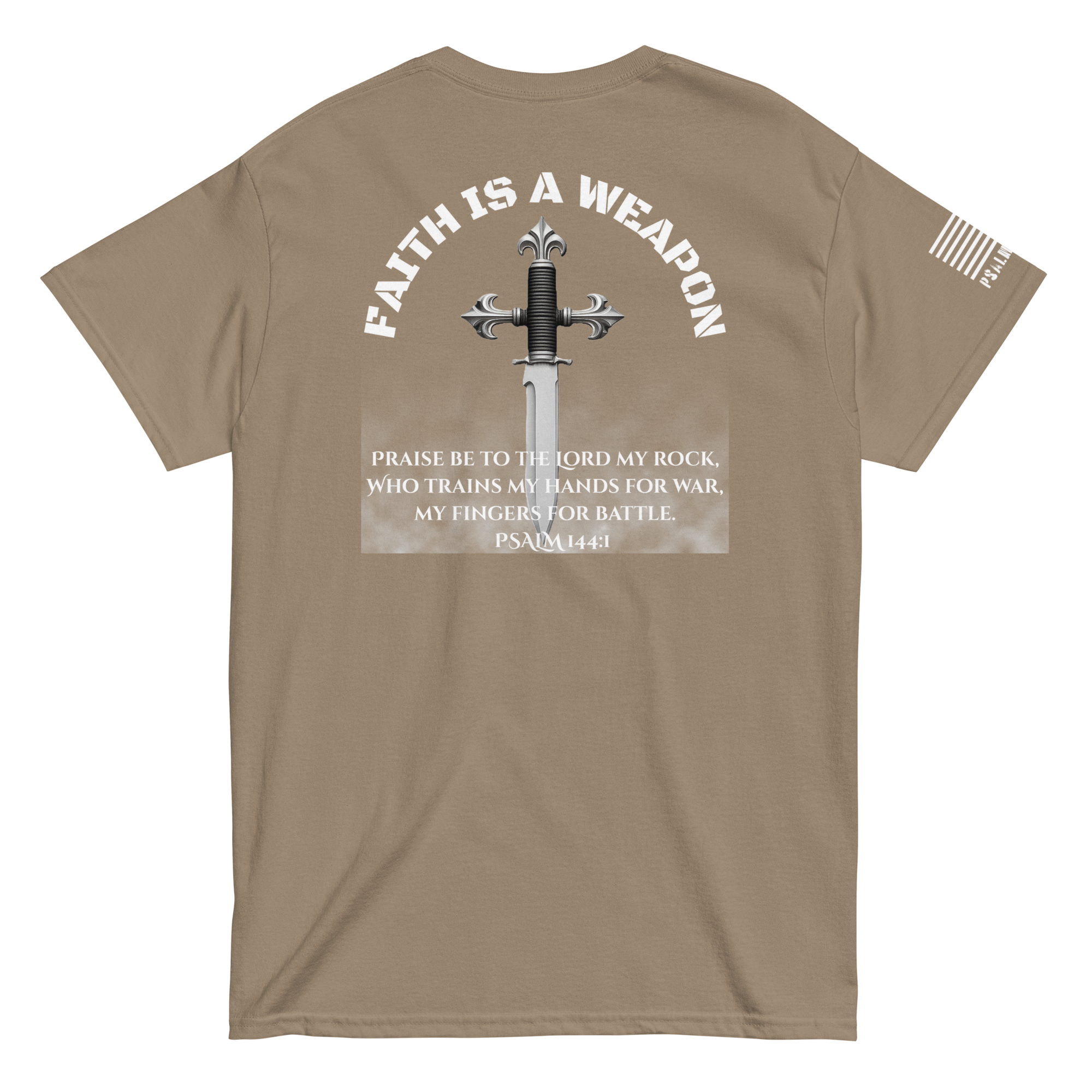 Faith Is a Weapon tee from FFO’s Narrow Path Collection — features Psalm 144:1 artwork and typography